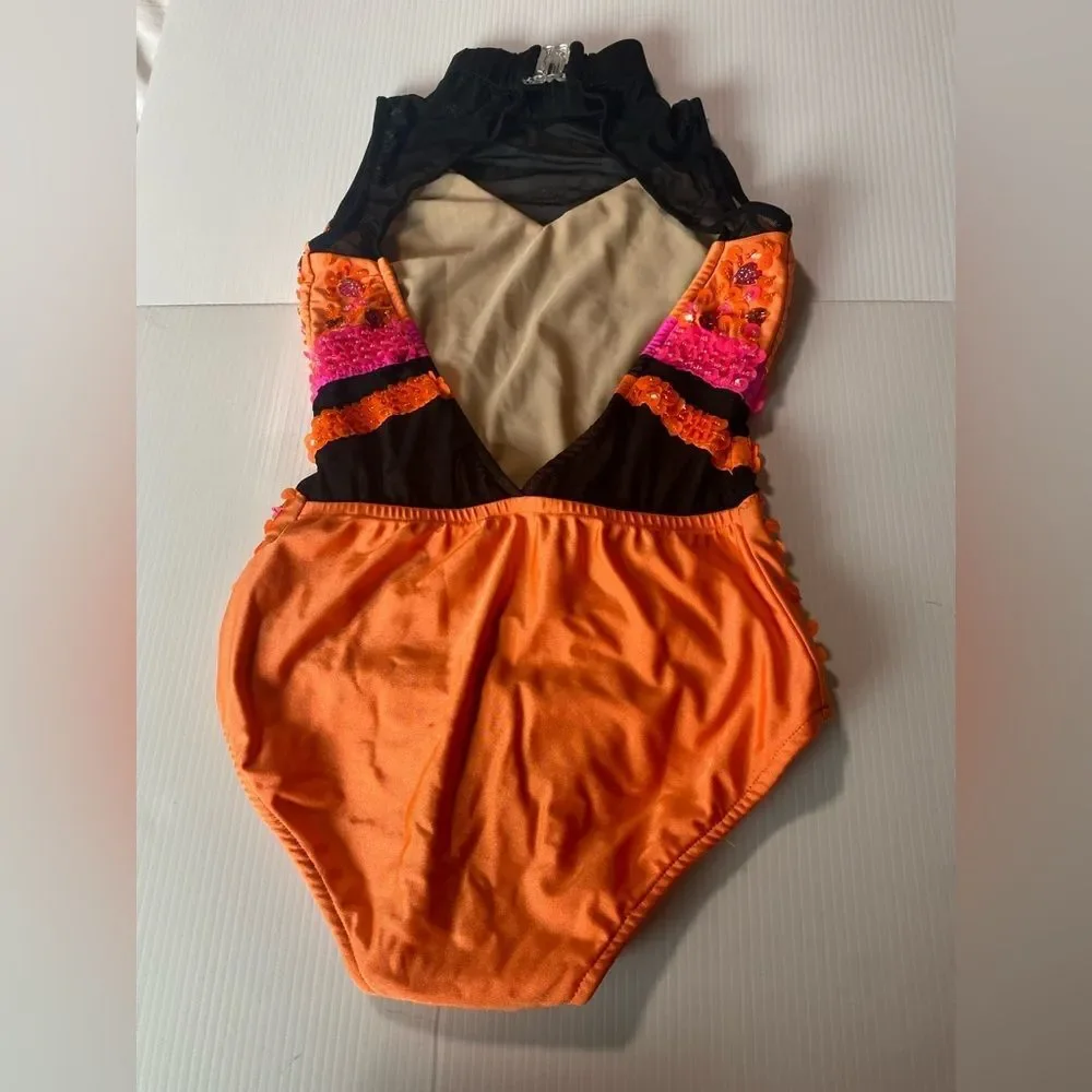 Glamour solo dance costume orange black illusion rhinestoned LC-large child